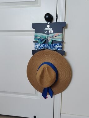 New!Vince Camuto Tan Straw Sun Hat Panama Blue Band Multicolor bandanas Y2K Retr